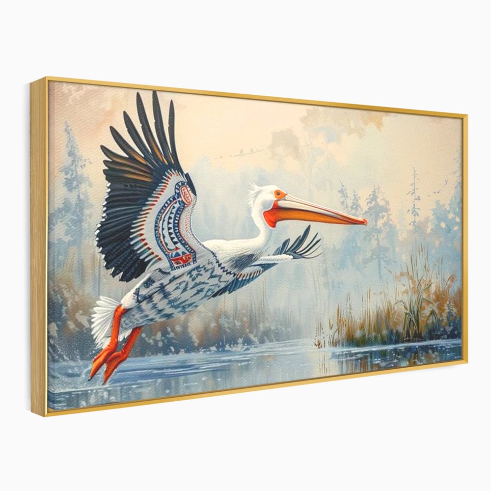 Tablou canvas cu tablou canvas cu pelican in zbor, in rama de aluminiu auriu